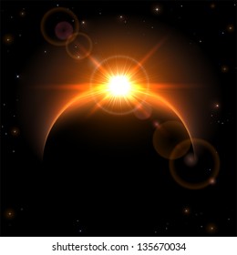 Space background with planet and shining sun, illustration.