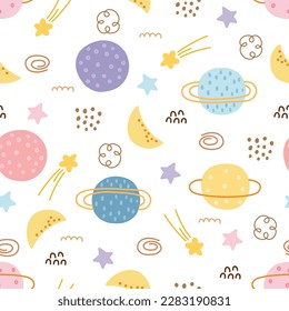 Space background with planet and stars, seamless vector patterns in cartoon style. Designs used for newborn apparel, textiles, and wallpaper