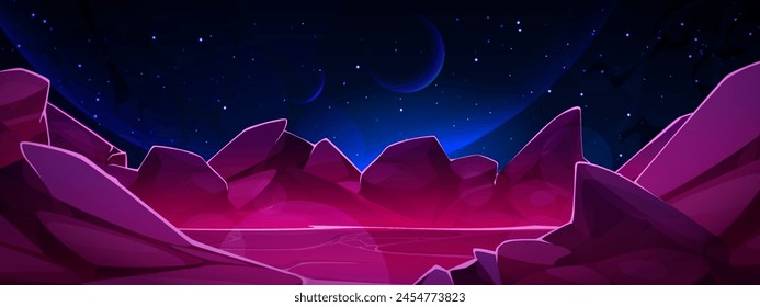 Fondo del espacio. Superficie del planeta. Galaxia de dibujos animados. Paisaje de juegos de arcade Alien. Cielo oscuro estrellado. Acantilado de montaña. Desierto fantástico lunar. El mundo del universo. Tierra exterior del cosmos. Vector Marte paisaje de tierra vacía