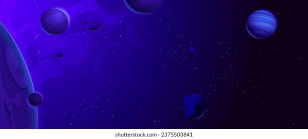 Space background with planets and asteroids. Vector cartoon illustration of dark blue sky background for game ui design, alien cosmic objects, neon stars and nebula, comet stones flying in galaxy