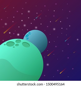 Space background with planets, craters, comets and stars. Vector astronomy wallpaper for poster, backdrop, placard, card, cartoon, website. Futuristic style