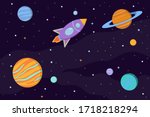 Space background with planets, moons, rocket and stars in cartoon style. Astronomy and cosmos exploration concept vector.