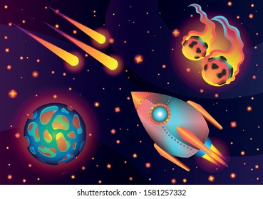 Space background with сartoon planets rocket and stars. Space exploring