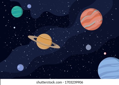 Space background with planets of solar system, stars, galaxy. Astronomy and cosmos wallpaper. Cartoon design. Vector illustration in a flat style with isolated elements.