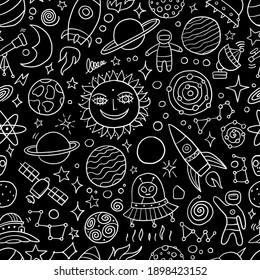 Space Background. Planets of the solar system. Rockets and astronauts. Seamless Pattern for your design. Vector illustration