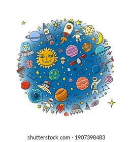Space Background. Planets of the solar system. Rockets and astronauts. Vector illustration