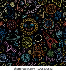 Space Background. Planets of the solar system. Rockets and astronauts. Seamless Pattern for your design. Vector illustration