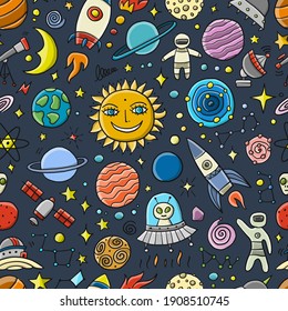 Space Background. Planets of the solar system. Rockets and astronauts. Seamless Pattern for your design. Vector illustration