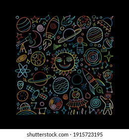 Space Background. Planets of the solar system. Rockets and astronauts. Vector illustration