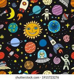 Space Background. Planets of the solar system. Rockets and astronauts. Seamless Pattern for your design. Vector illustration