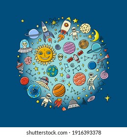 Space Background. Planets of the solar system. Rockets and astronauts. Vector illustration