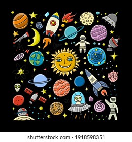 Space Background. Planets of the solar system. Rockets and astronauts. Vector illustration