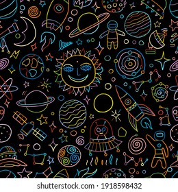 Space Background. Planets of the solar system. Rockets and astronauts. Seamless Pattern for your design. Vector illustration