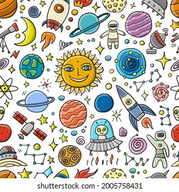 Space Background. Planets of the solar system. Rockets and astronauts. Seamless Pattern for your design