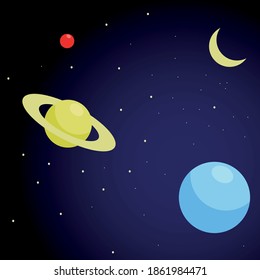 Space background. Planets, starry sky. Earth Saturn Mars moon. Vector illustration