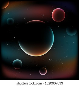Space background with planets, stars and color nebulae. Vector illustration on black background.