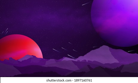 Space background with planets, stars and comets . Space background with place for text . Space landscape with a huge planet on the horizon . Mars purple planet landscape . Vector illustration