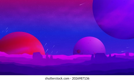 Space background with planets, stars and comets.Vector illustration.Space background with place for text.Space landscape with a huge planet on the horizon . Mars purple planet landscape.