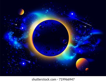 space background with planets, stars, flares, nebula, milky way and eclipse