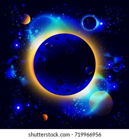 space background with planets, stars, flares, nebula, milky way and eclipse