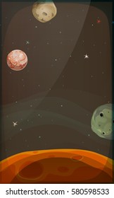 Space Background With Planets And Stars For Mobile/
Illustration of a funny space cosmic game background, in cartoon style with stars and planets for mobile app