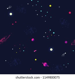 Space background with planets and stars, seamless pattern. Vector illustration