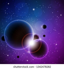 Space background with planets, stars and shining rays. Eps10 vector illustration.