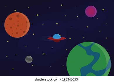 Space background with planets, ufo and stars in cartoon style. the concept of exploring outer space. flat design illustration. vector cartoon illustration.