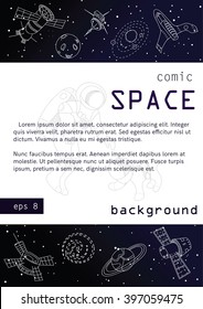 Space background poster. Flyer design with doodle elements set. Outer space banner with line vector object collection. Spaceship, shuttle and astronaut.