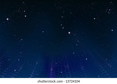 Space background with pulsating hexagonal net fading into the distance