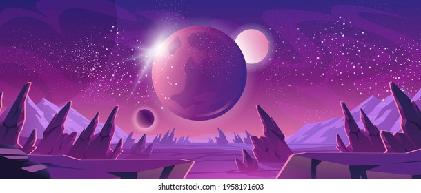 Space background with purple planet landscape, stars, satellites and alien planets in sky. Vector cartoon fantasy illustration of cosmos, cracked stone surface with rocks and mountains