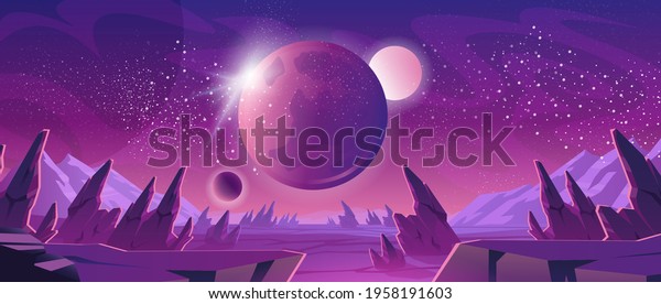 Space background with purple planet landscape,\
stars, satellites and alien planets in sky. Vector cartoon fantasy\
illustration of cosmos, cracked stone surface with rocks and\
mountains