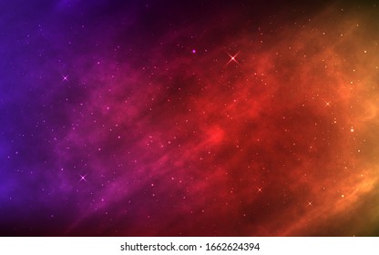 Space background. Realistic color nebula and shining stars. Futuristic cosmic backdrop. Bright cosmos with galaxy and milky way. Universe and stardust. Vector illustration.