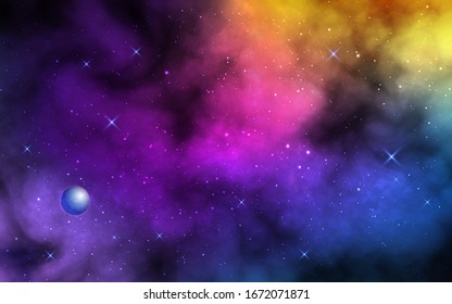 Space background. Realistic color nebula with shining stars and planet. Colorful galaxy with stardust. Abstract futuristic backdrop. Vector Illustration for poster, banner.