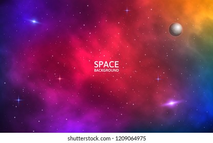 Space background. Realistic colorful galaxy. Color nebula with shining stars, stardust and planet. Abstract futuristic backdrop. Vector Illustration for brochure, banner, poster.