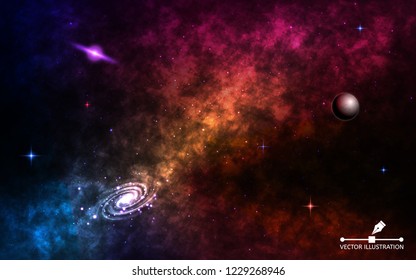 Space background realistic. Cosmos with stardust and shining stars. Spiral galaxy with planet, milky way and colorful nebula. layered cosmic backdrop. Vector illustration.