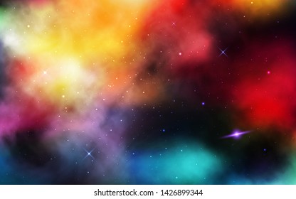 Space background. Realistic cosmos with stardust and nebula. Colorful universe with planet and milky way. Abstract color galaxy and shining stars. Vector illustration.