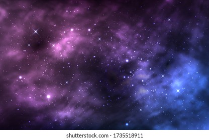 Space background. Realistic cosmos texture. Starry milky way and stardust. Color galaxy. Nebula with shining stars. Magic Infinite universe. Vector illustration.