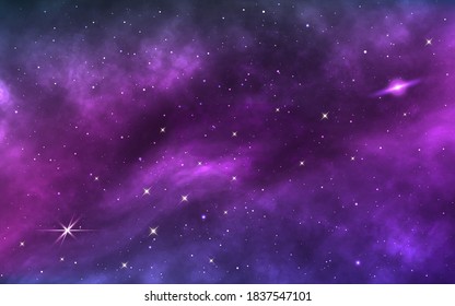 Space background. Realistic cosmos texture with shining stars and nebula. Colorful galaxy with bright stardust. Color milky way. Magic starry wallpaper. Vector illustration.