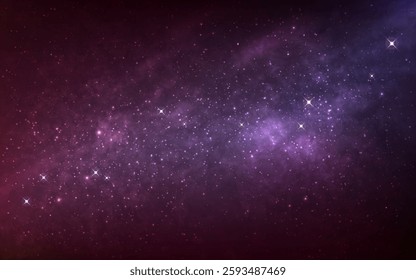 Space background. Realistic dark cosmos. Distant color nebulae. Deep space with constellations. Fantasy shining universe with stars. Glowing galaxy wallpaper. Vector illustration.