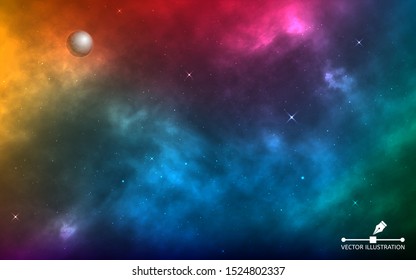 Space background realistic. Infinite universe with shining stars. Colorful cosmos with milky way and stardust. Starry color galaxy. Magic blue nebula. Vector illustration.