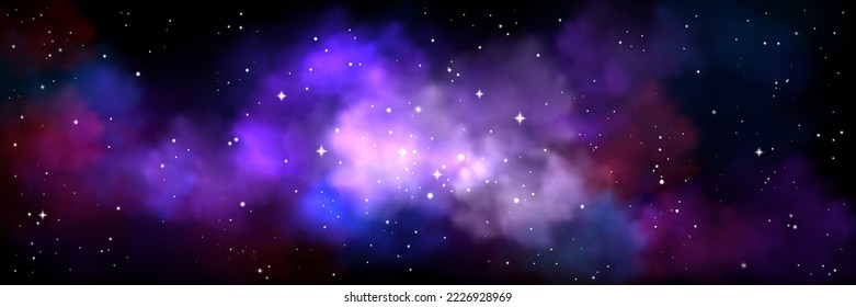 Space background with realistic nebula and shining stars. Colorful purple and blue cosmos with stardust and milky way. Infinite universe and starry night sky, Magic galaxy world, Vector illustration