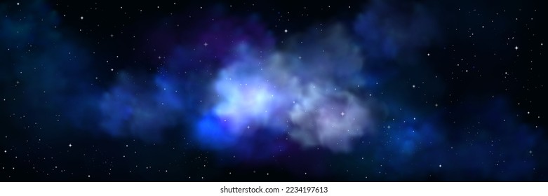 Space background with realistic nebula and shining stars in night sky. Colorful blue cosmos with stardust and milky way, Infinite starry universe, Magic galaxy, far alien world, Vector illustration