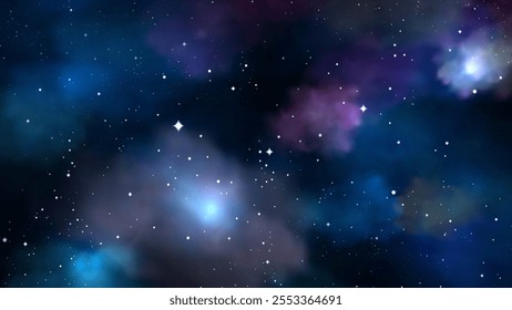 Space background with realistic nebula and shining stars in night sky. Colorful blue cosmos with stardust and milky way, Infinite starry universe, Magic galaxy, far alien world, Vector illustration