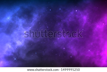 Space background with realistic nebula and shining stars. Colorful cosmos with stardust and milky way. Magic color galaxy. Infinite universe and starry night. Vector illustration.