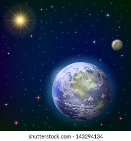 Space background with realistic planet mother Earth, moon, sun and stars. Elements of this image furnished by NASA (www.visibleearth.nasa.gov). Eps10, contains transparencies. Vector