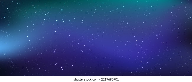 Space background with realistic purple and pink nebula, stardust and shining stars. Magic color galaxy with star and planet. Infinite universe and starry night blue sky. Realistic cosmos light. Vector