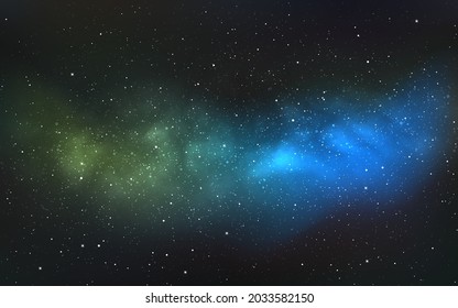Fondo espacial. Cosmos estelares realistas. Forma lechosa y colorida con estrellas brillantes. Bonito fondo de pantalla del universo. Galaxia de color con polvo de estrellas. Textura del espacio exterior. Ilustración vectorial.