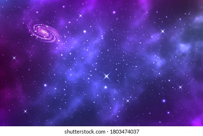 Space background. Realistic starry sky. Color galaxy with milky way and stardust. Cosmos and bright shining stars. Magic purple universe and constellations. Vector illustration.