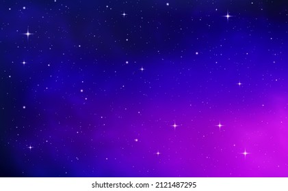 Space background with realistic violet nebula and shining star. Colorful space with stardust in deep universe. Swirling galaxy and stars in dark blue and purple sky. Vector illustration.